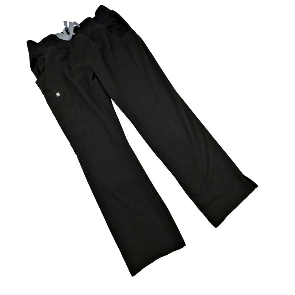 Figs Black Cargo Scrub Pants with Gray Drawstring